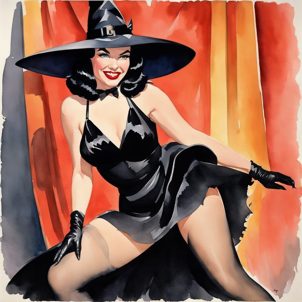 Bettie Page as a Mischievous Witch in Watercolor