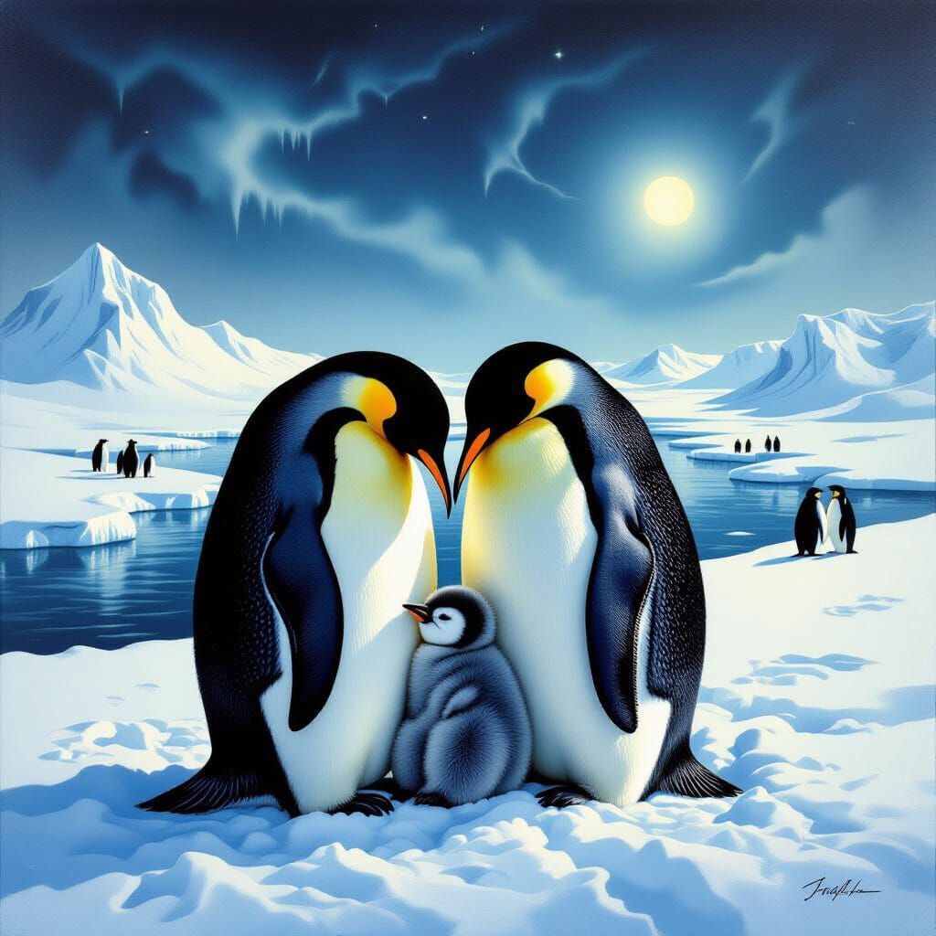 Penguin Family in a Surreal Arctic Landscape