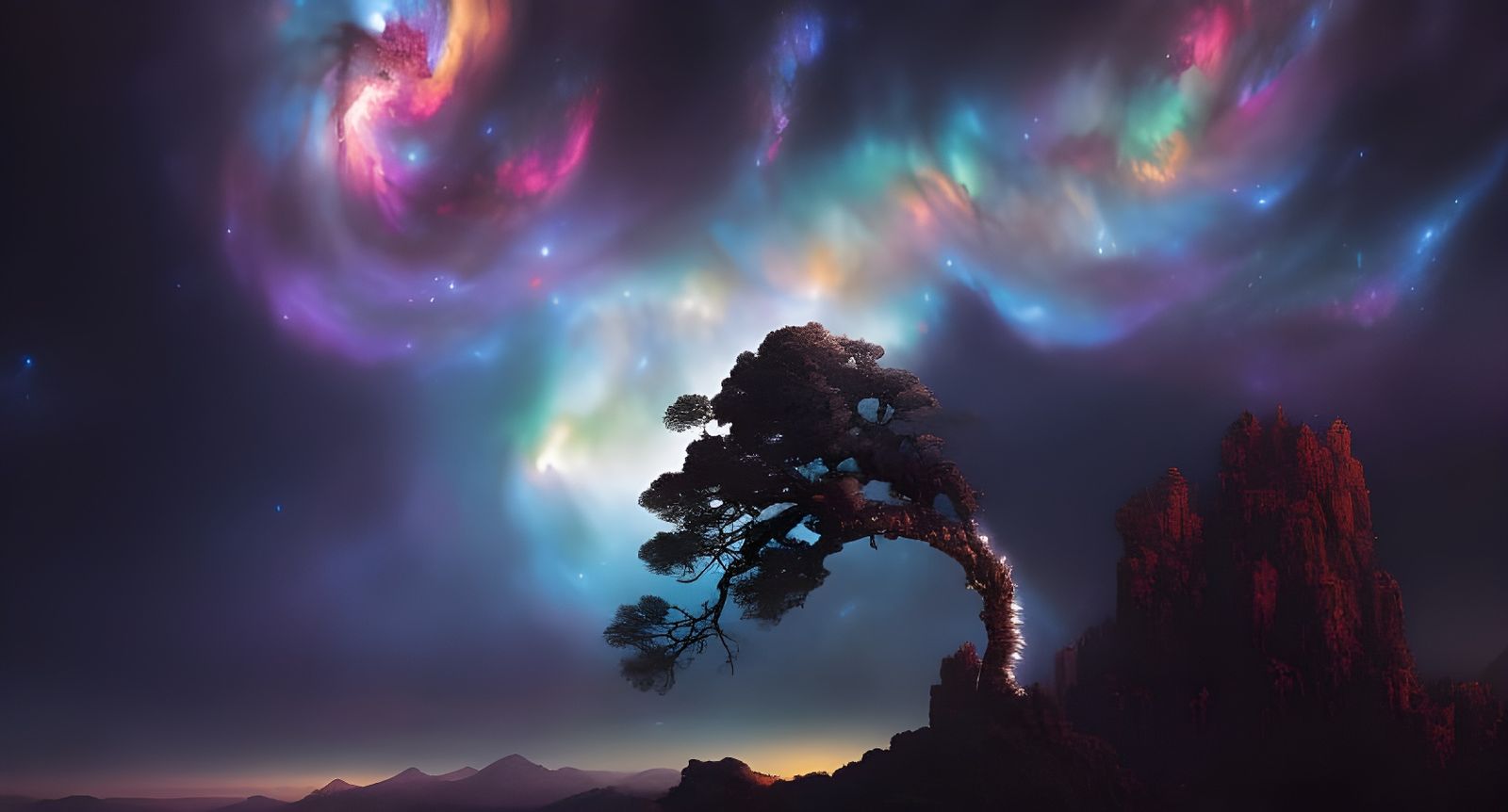 Glowing Galaxy Mountain Under Striped Sunset Clouds