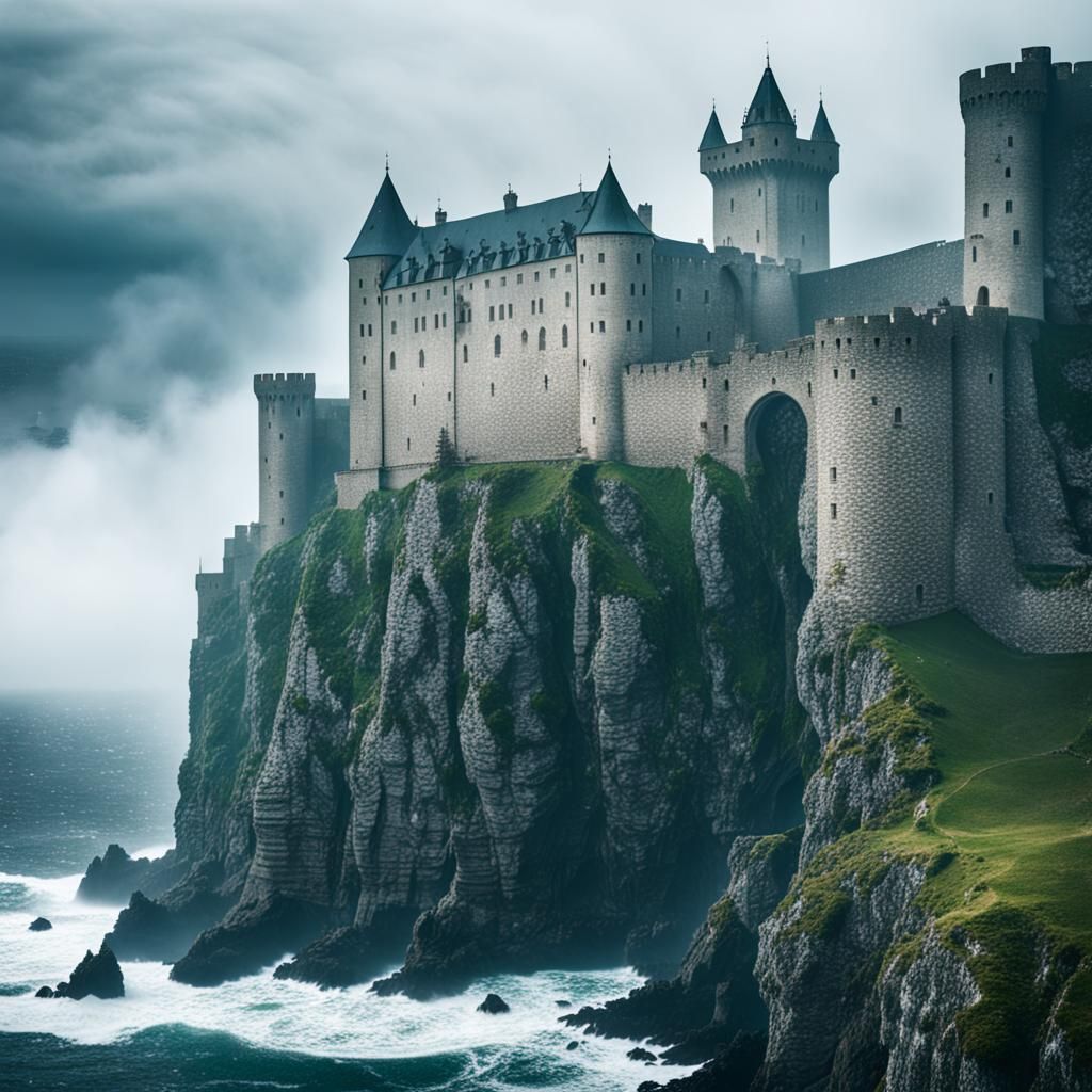 Immense medieval castle build on cliff nearby a stormy sea. Cloudy and fog above the sea