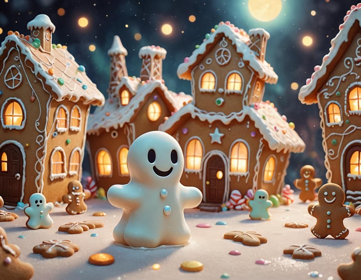 Cute Ghost and Gingerbread Man in Bakery