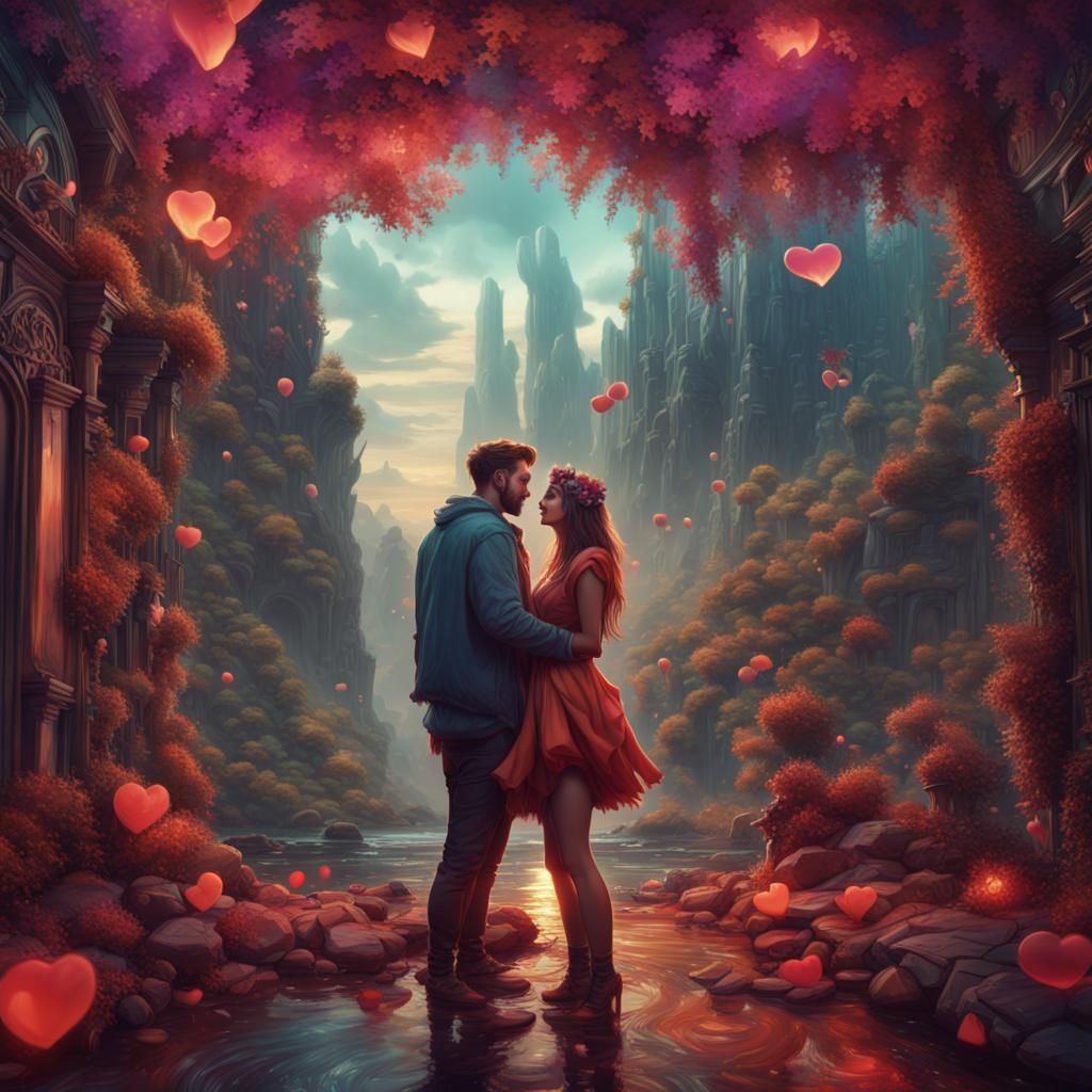 Romantic Couple Connects Via Video Call in Fantasy Art