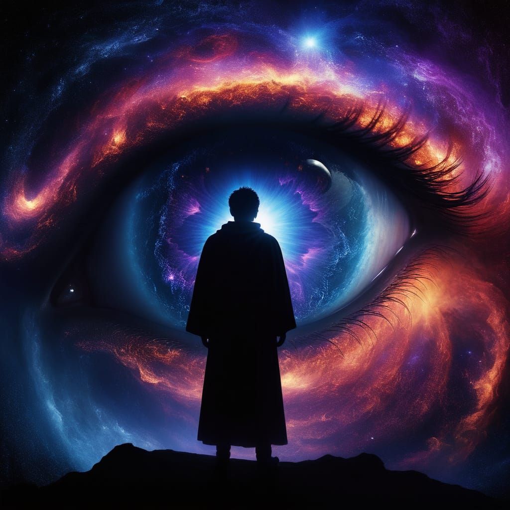 Cosmic Figure Contemplates Celestial Eye in Deep Space