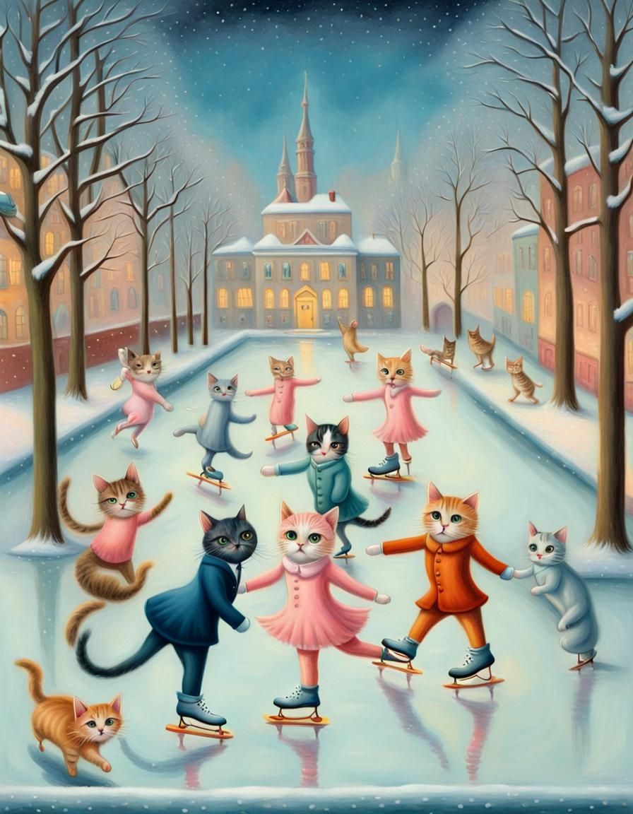 Charming Cats Ice Skating in Snowy Rink