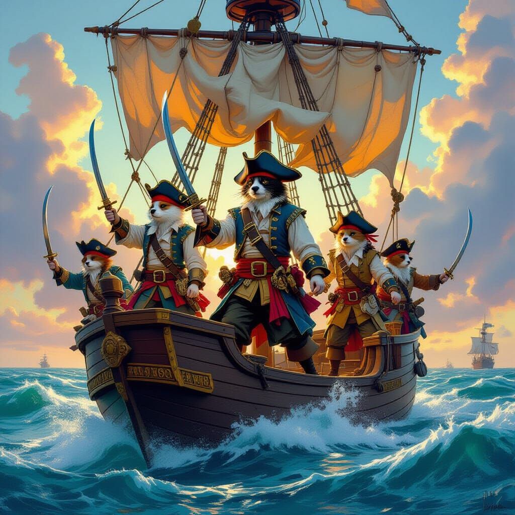 Pirate Animals on a Ship in Hyperrealistic Style