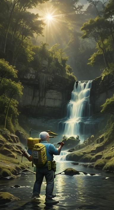 Old Man Fishing by Stream in Hyperreality