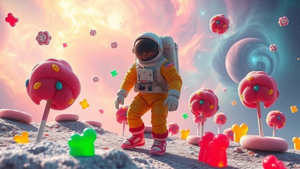 Astronaut Explores Candy Planet with Gummy Bears