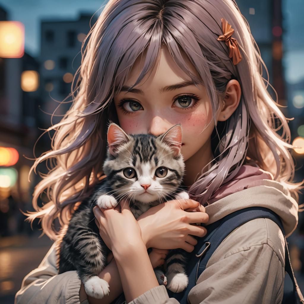 Anime Girl Cradling Kitten in Hyper-Realistic Style