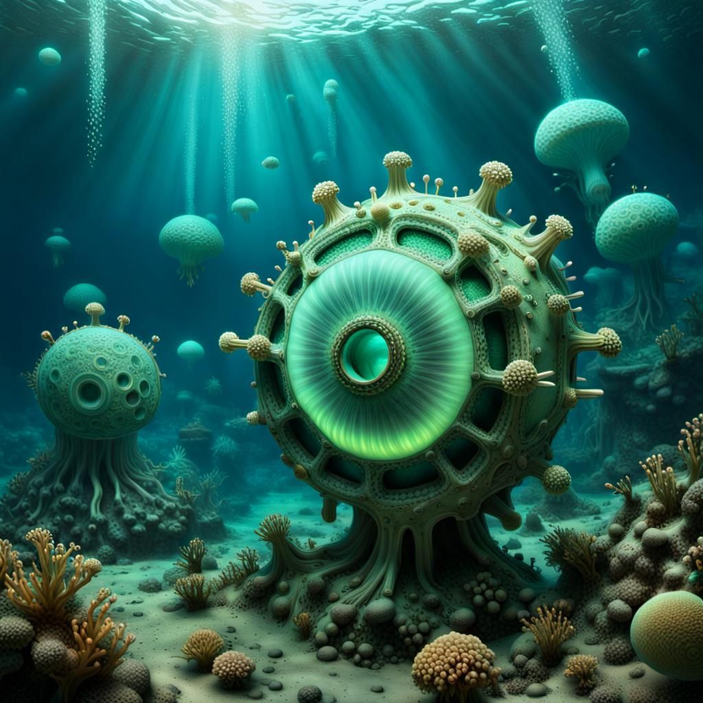 Surreal Underwater Metropolis in Eerie Luminescent Hues