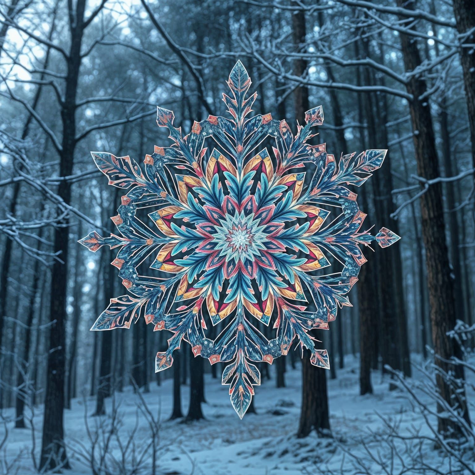 Vibrant Fractal Snowflake Shines Over a Mystical Forest