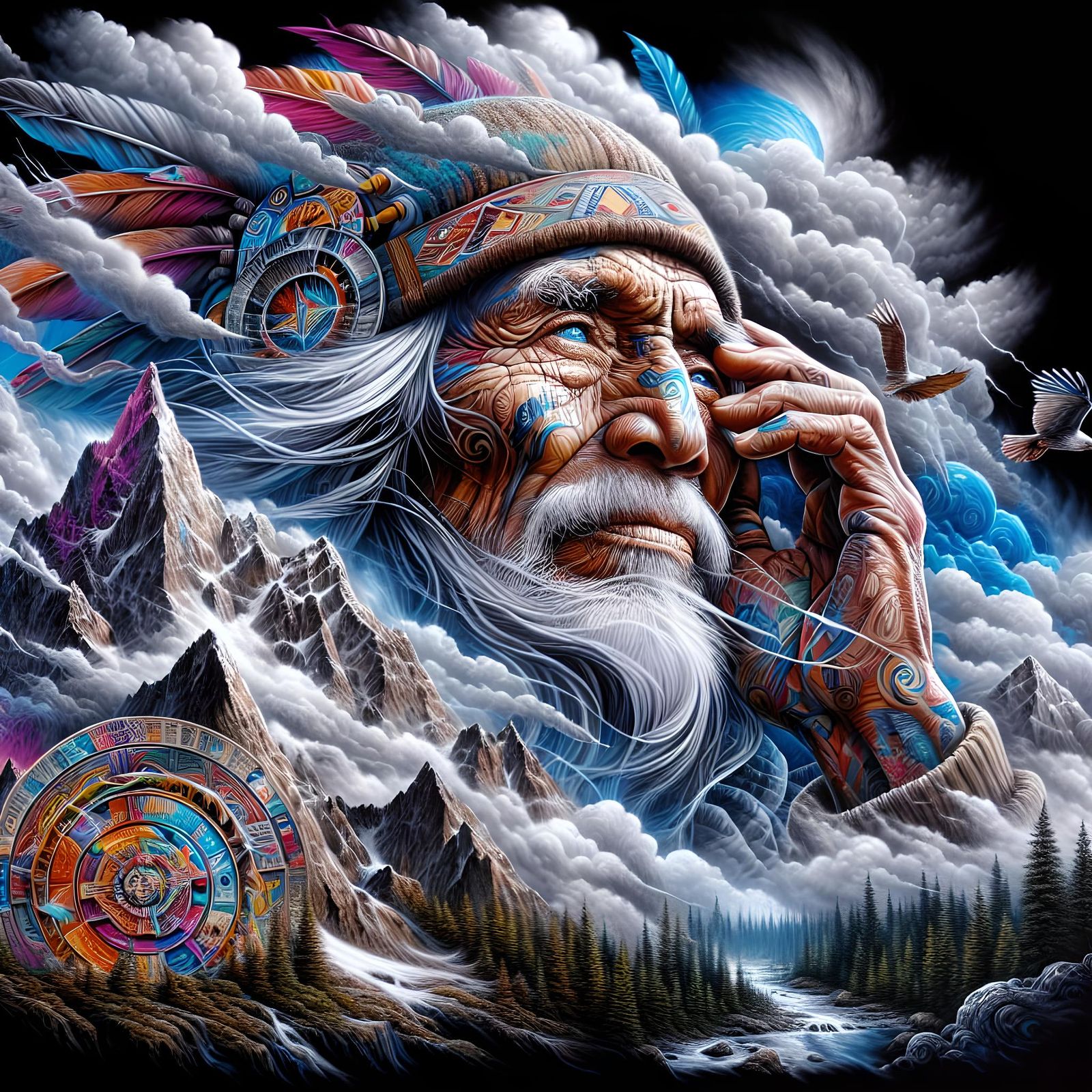 Native American Shaman on Mountain Top in Graffiti Style
