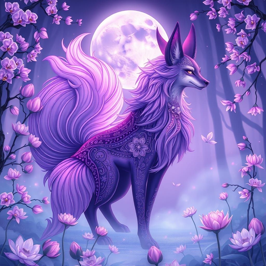Ethereal Kitsune Goddess in Whimsical Forest