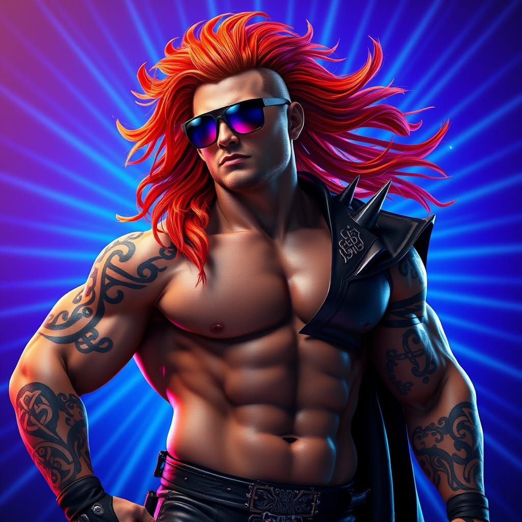 Heroic Wrestler in Cyberpunk Attire with Electric Blue Backg...