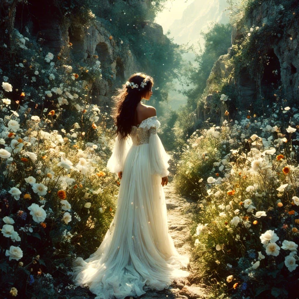 Woman in Overgrown Garden, Soft Warm Sunlight