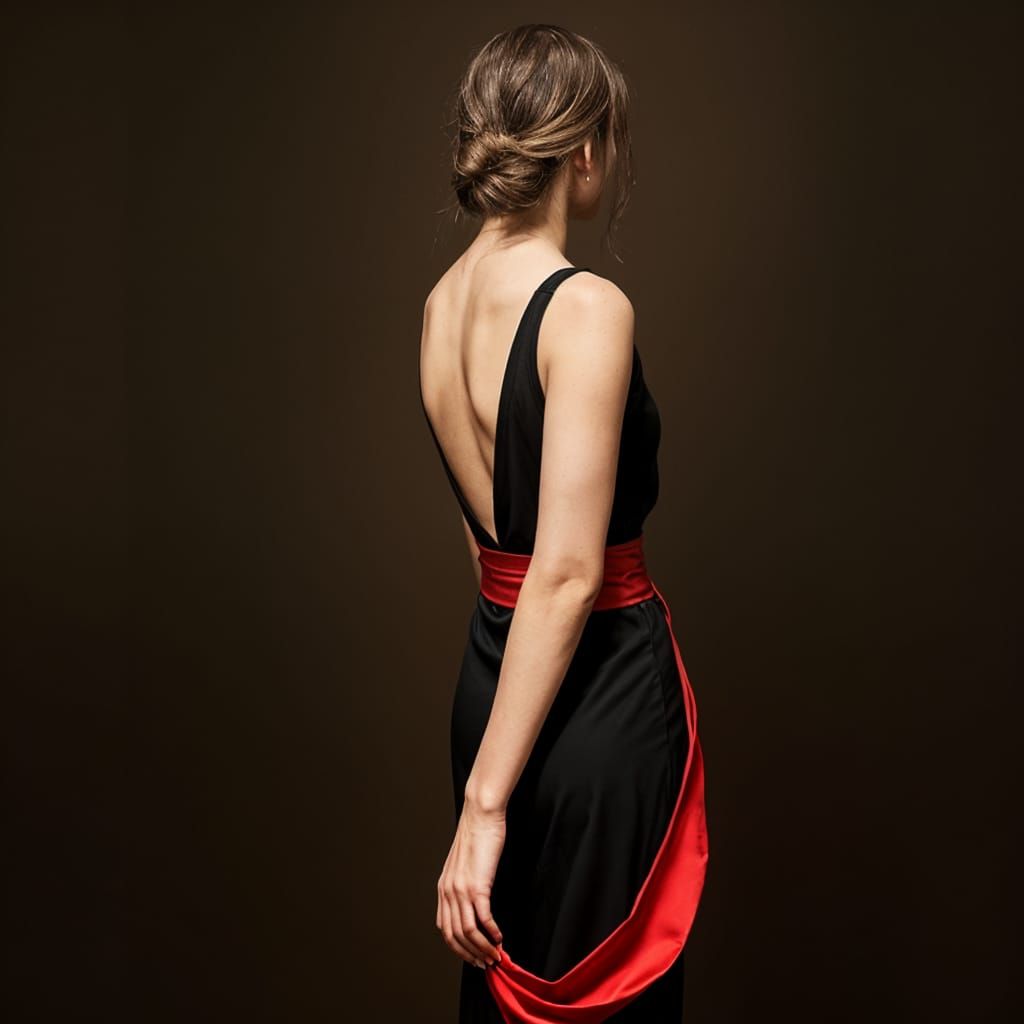 Woman in Black Dress with Red Sash
