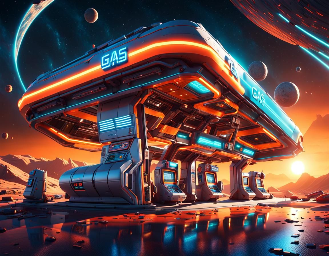 Futuristic Gas Station in Space: Sci-Fi Digital Art