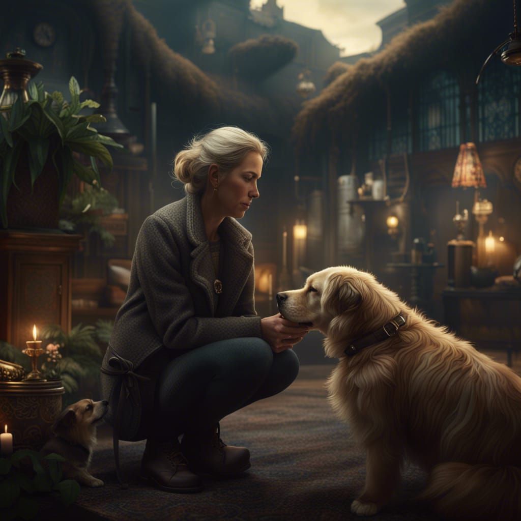 Woman Petting Dog: Dramatic Digital Painting