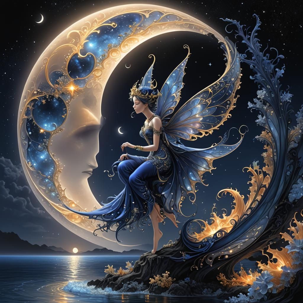 Indigo Moon Fairy Over Iridescent Ocean