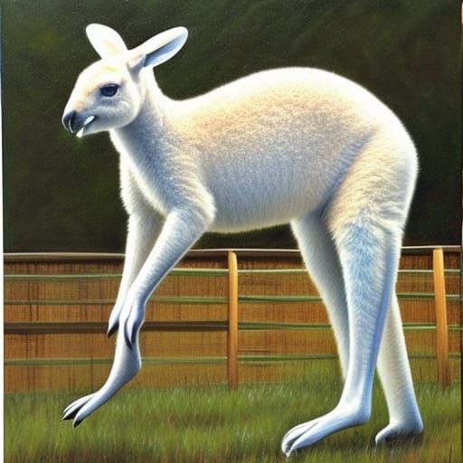 Zebra-Striped Kangaroo Leaping Fence: Oil Painting