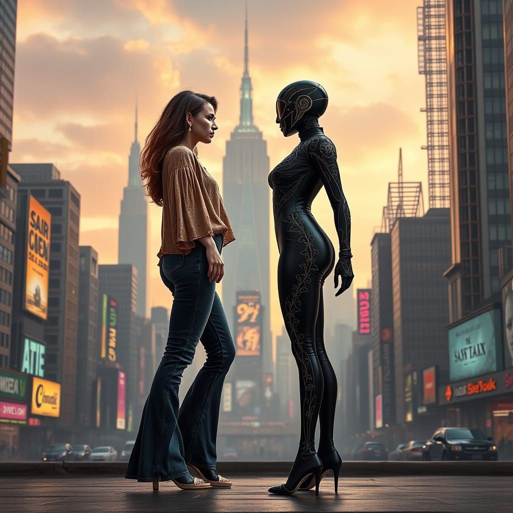 1970s Woman Meets Futuristic Woman in Dystopian City