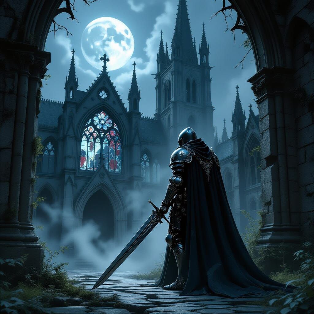 Spectral Knight Guarding Gothic Cathedral in Dark Fantasy St...