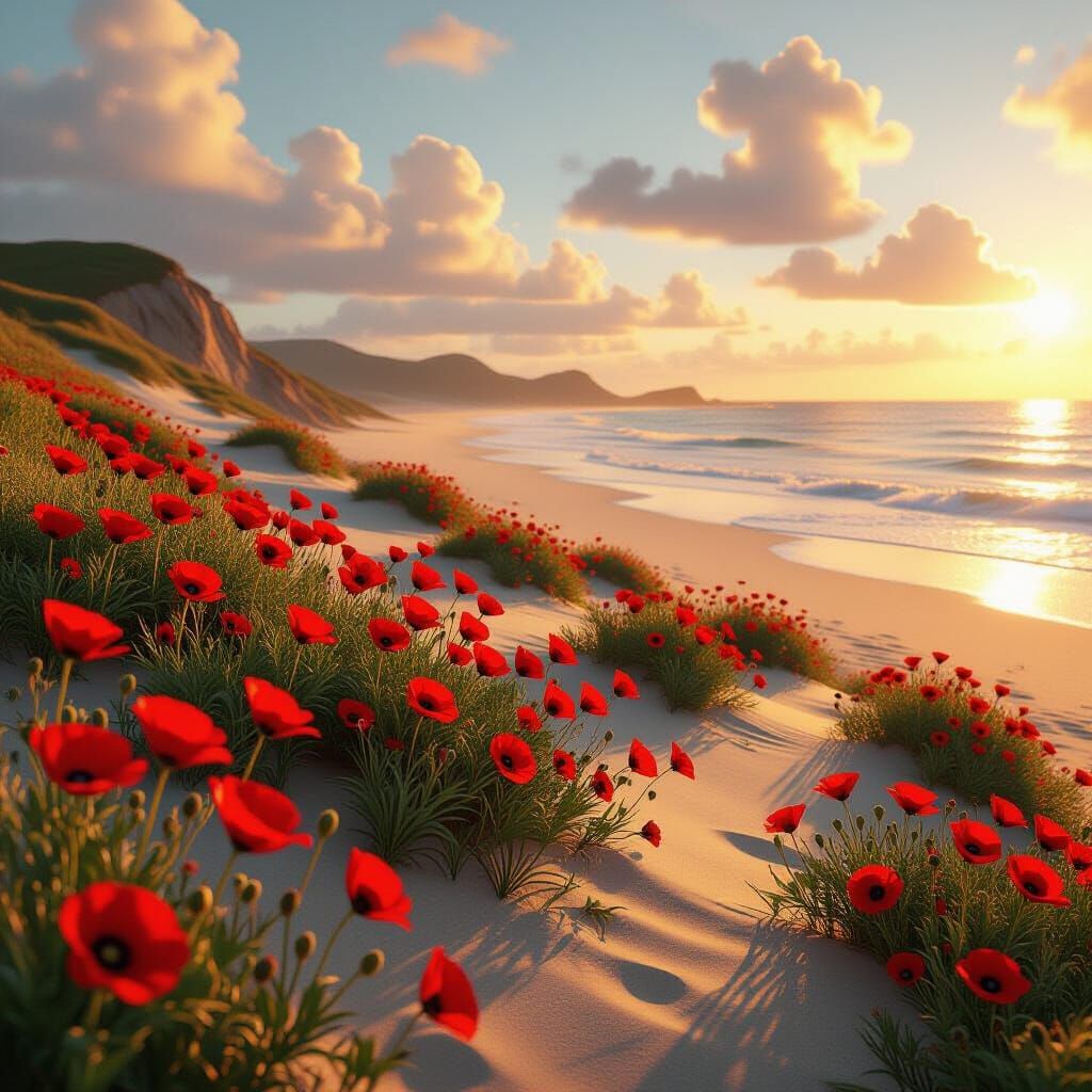 Vibrant Poppies Cascade to Beach at Golden Hour