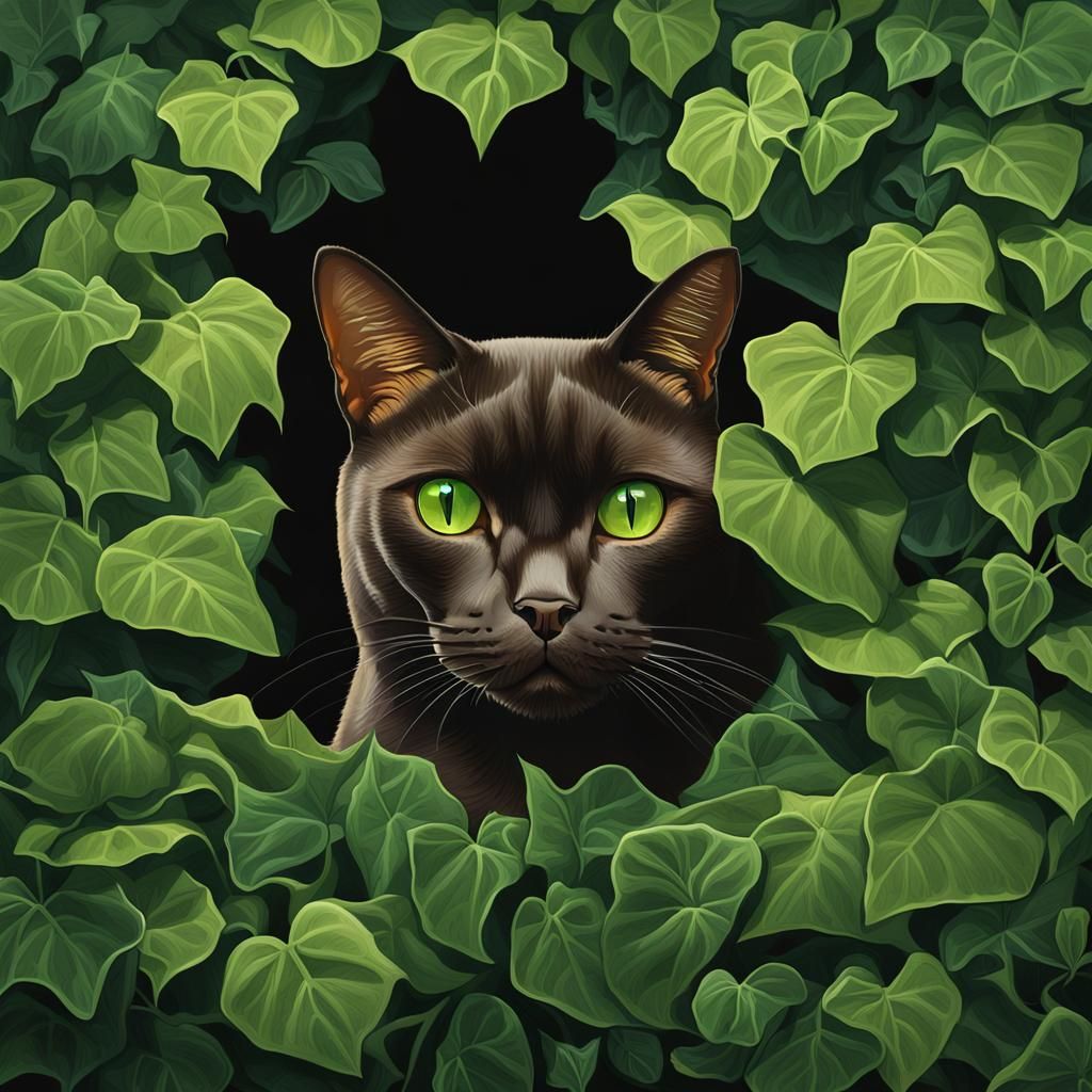 Burmese Cat in Ivy, Hyperrealistic Close-Up