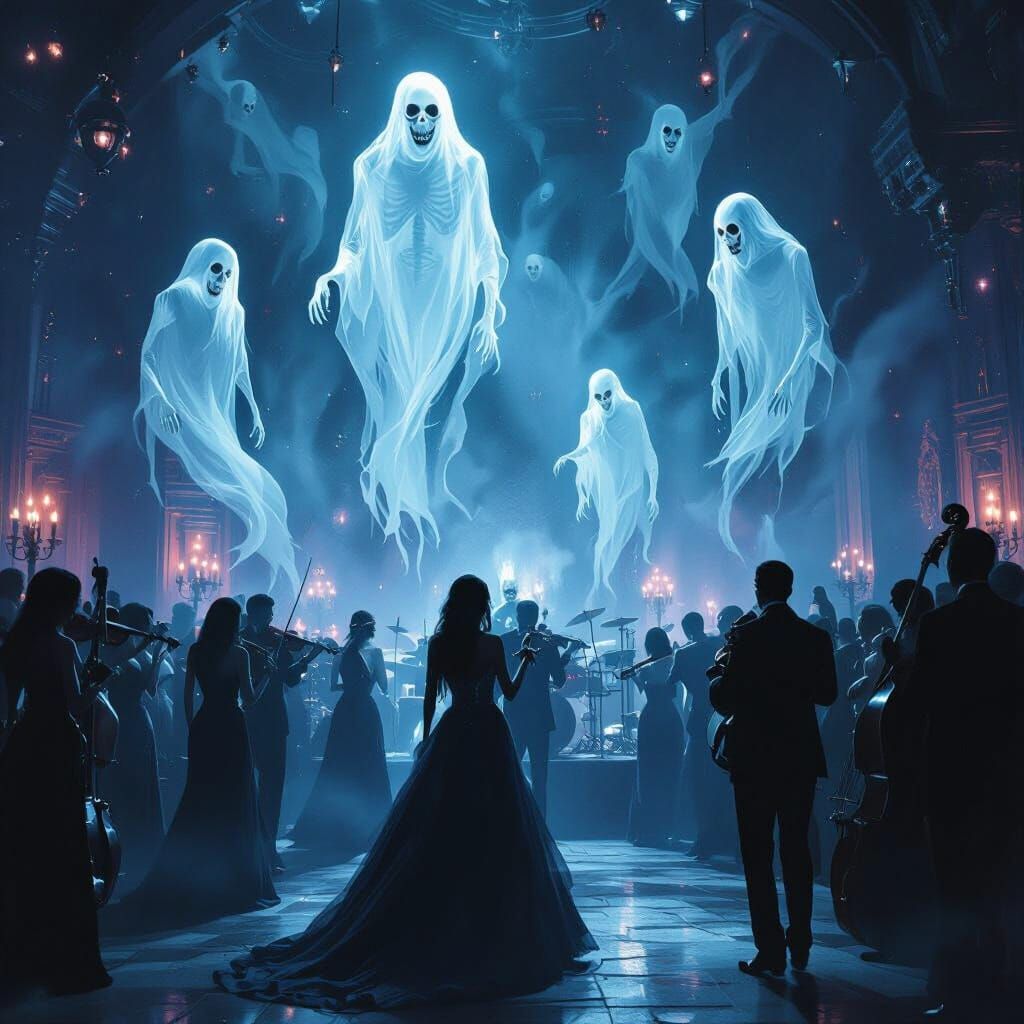 A creepy prom night dance with  ghosts floating above,  the ...