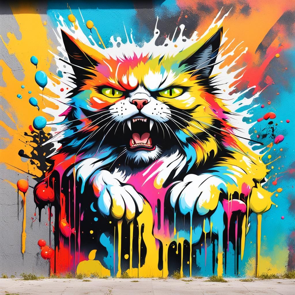 Colorful Angry Cat Street Art Graffiti
