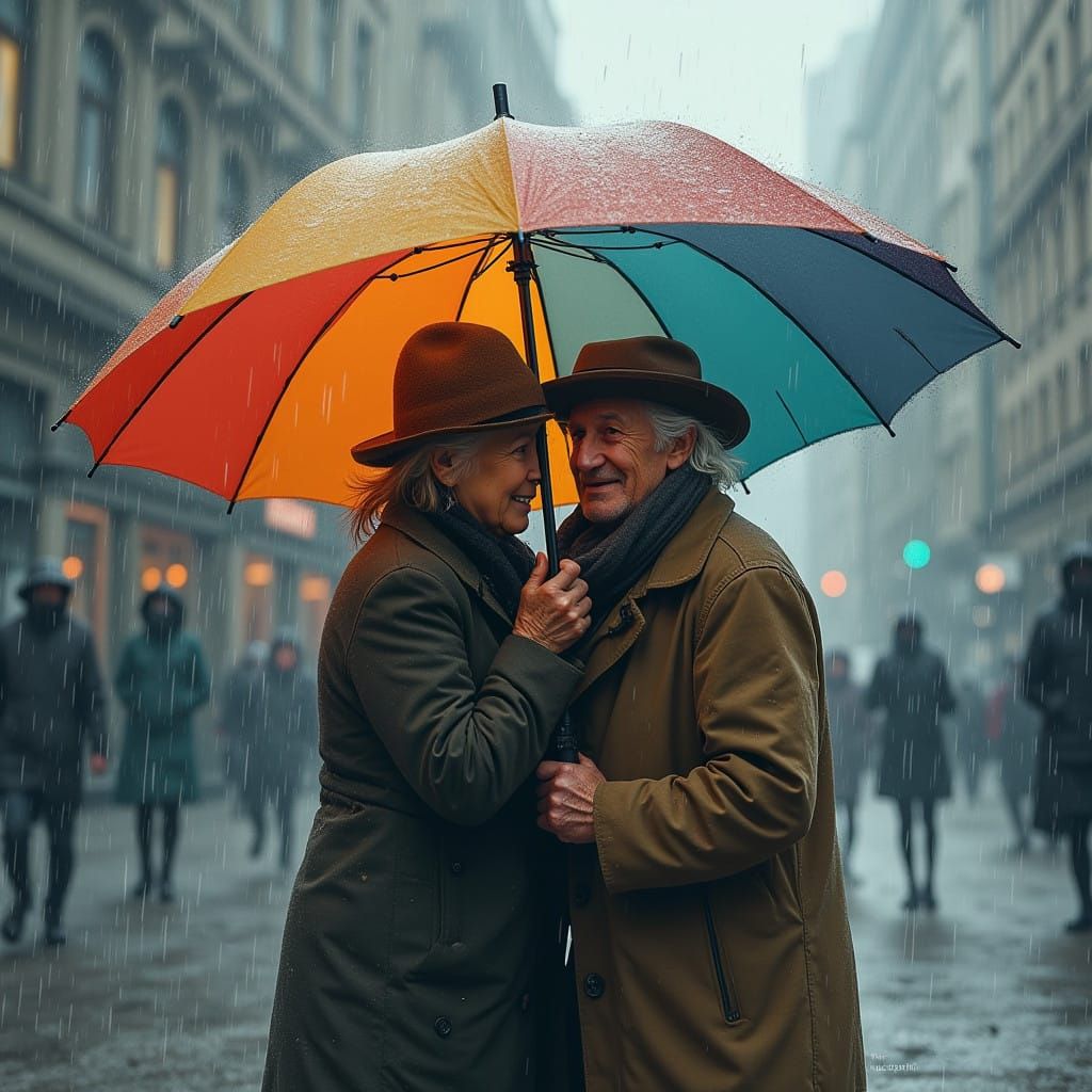 Elderly Couple Clings to Umbrella in Rainy Cityscape