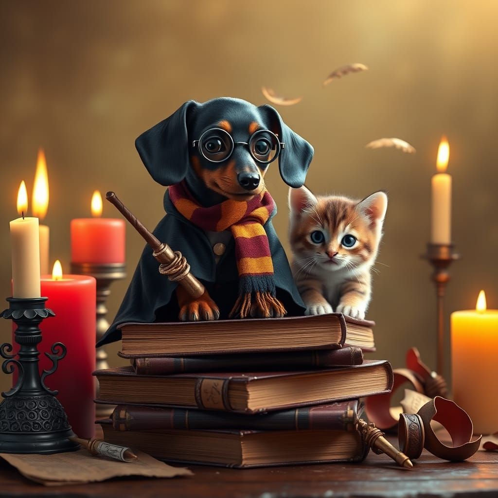 Mystical Dachshund and Kitten in Hogwarts Robes, Surrounded ...
