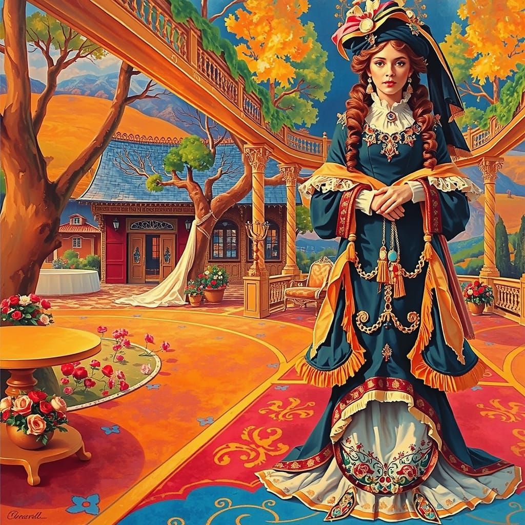 Elegantly Dressed Figure in French Countryside