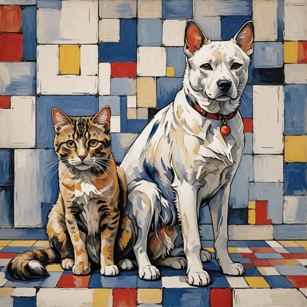 Cat and Dog in Piet Mondrian Gouache Style