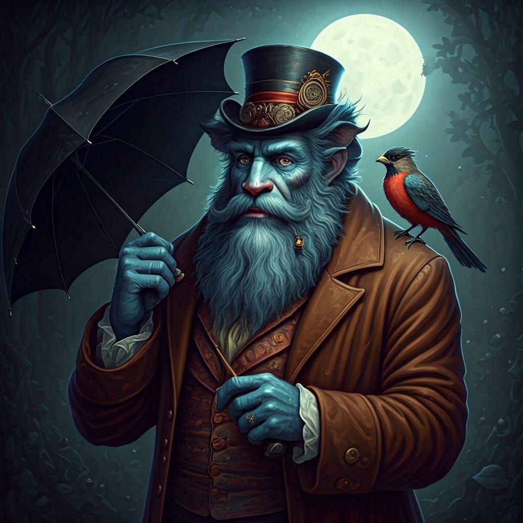 Blue Bearded Beastie with Brolly in Moonlit Scene