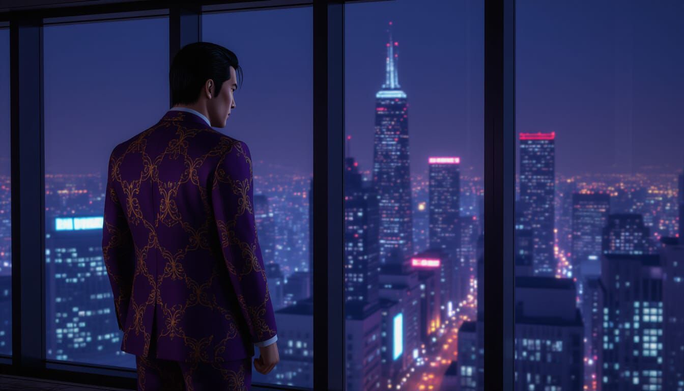 Cyberpunk Kiryu Kazama in Gold Suit Overlooking City