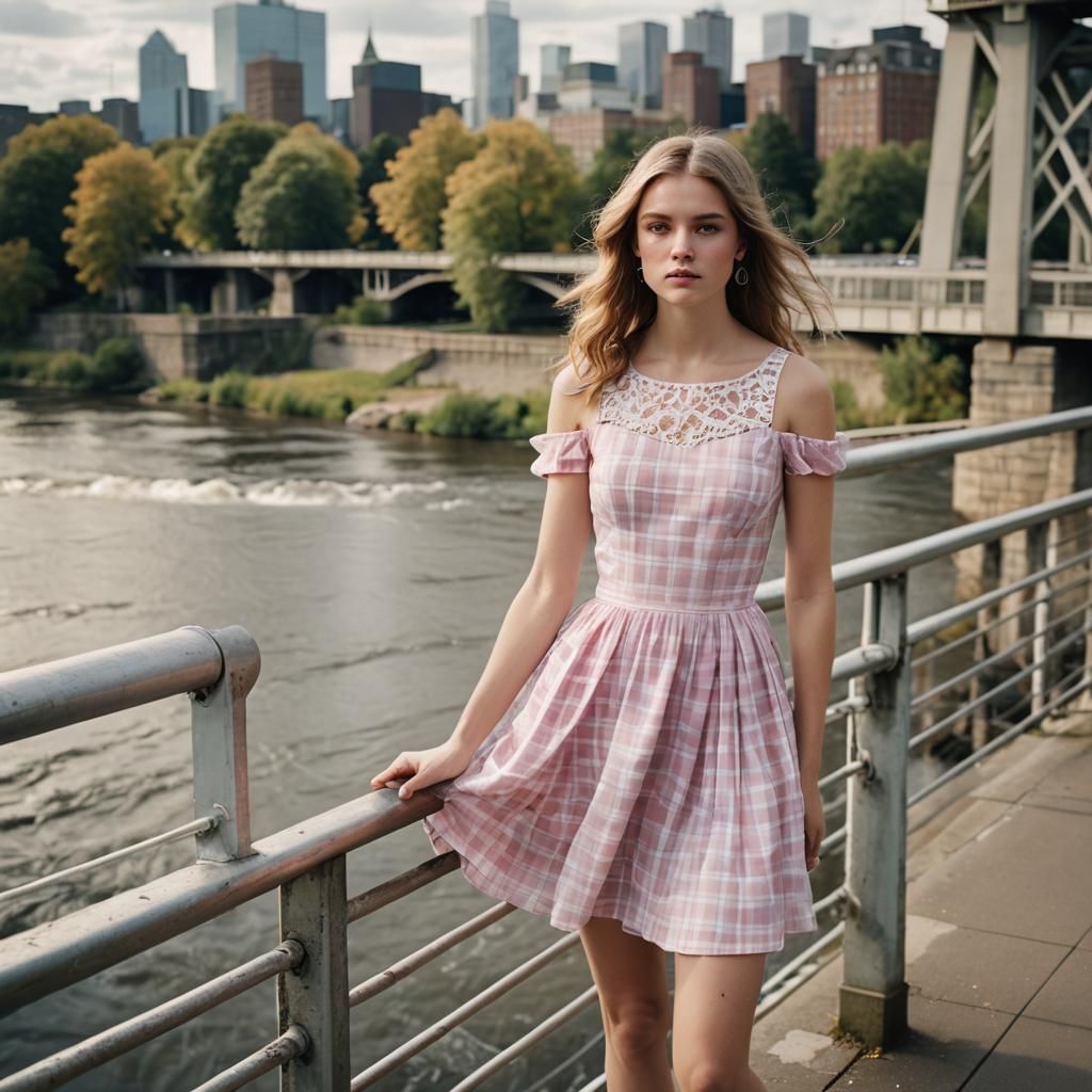 Boy in Pink Dress Overlooking River, Fashion Photography