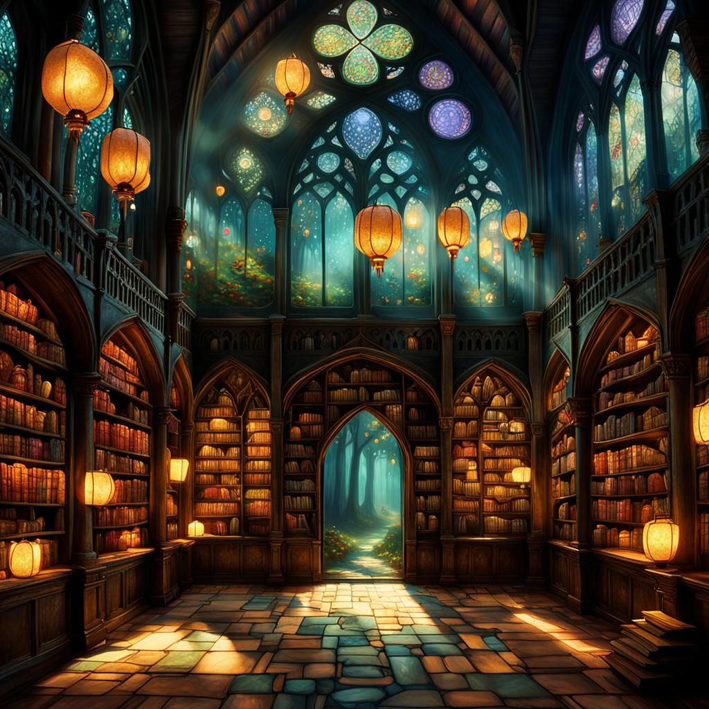 Mysterious Forest Library in Whimsical Fantasy Art