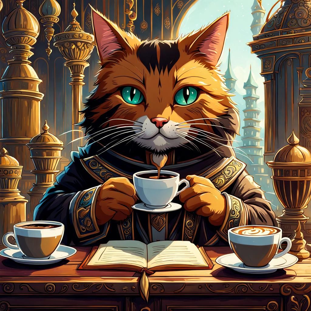 Cat Sipping Coffee: Fantasy Concept Art