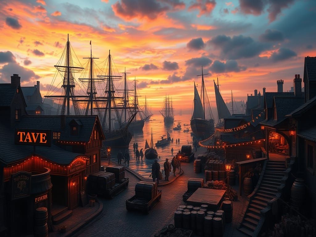 Vibrant 18th Century Port Cityscape at Dusk