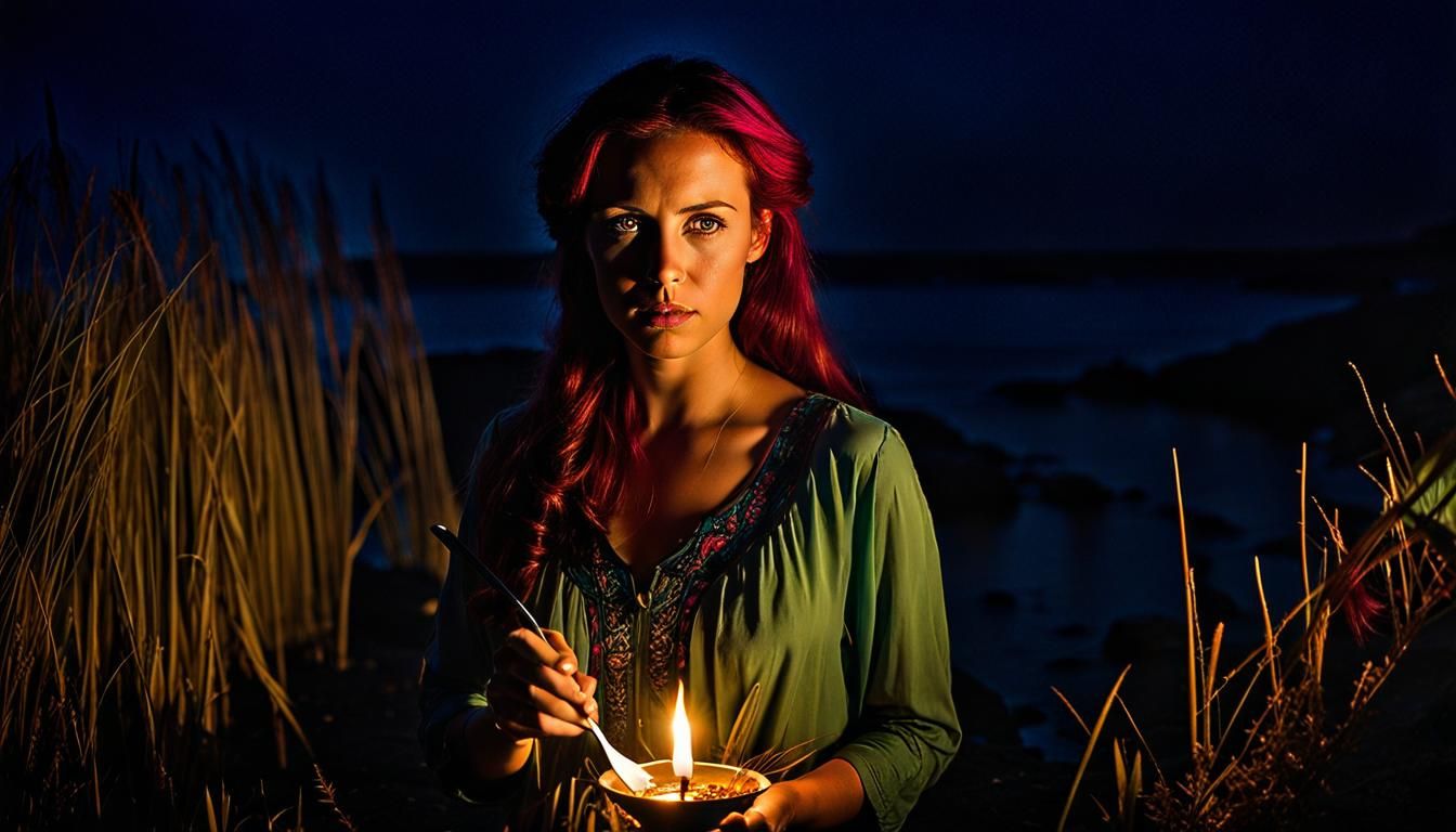 Aged Ariel by the Ocean in Cinematic Style