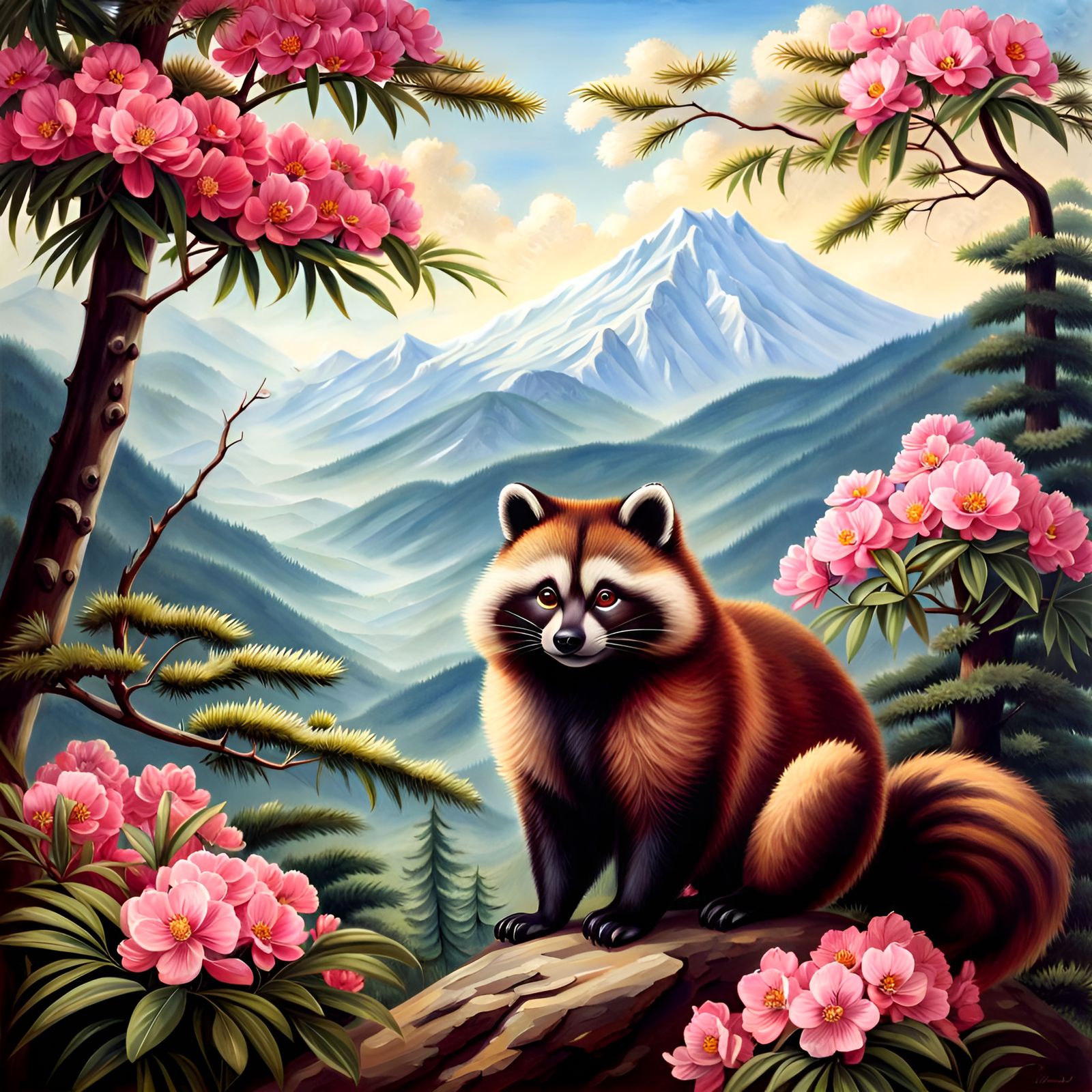 Realistic Tanuki in Mountain Landscape, Oil Painting