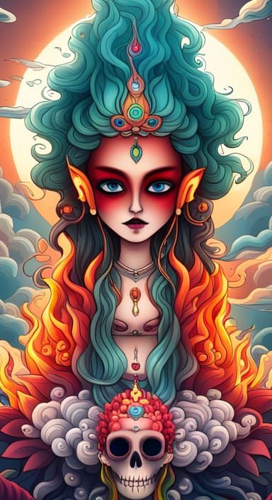 Chibi Vajrayogini Goddess in Asian Cloud City