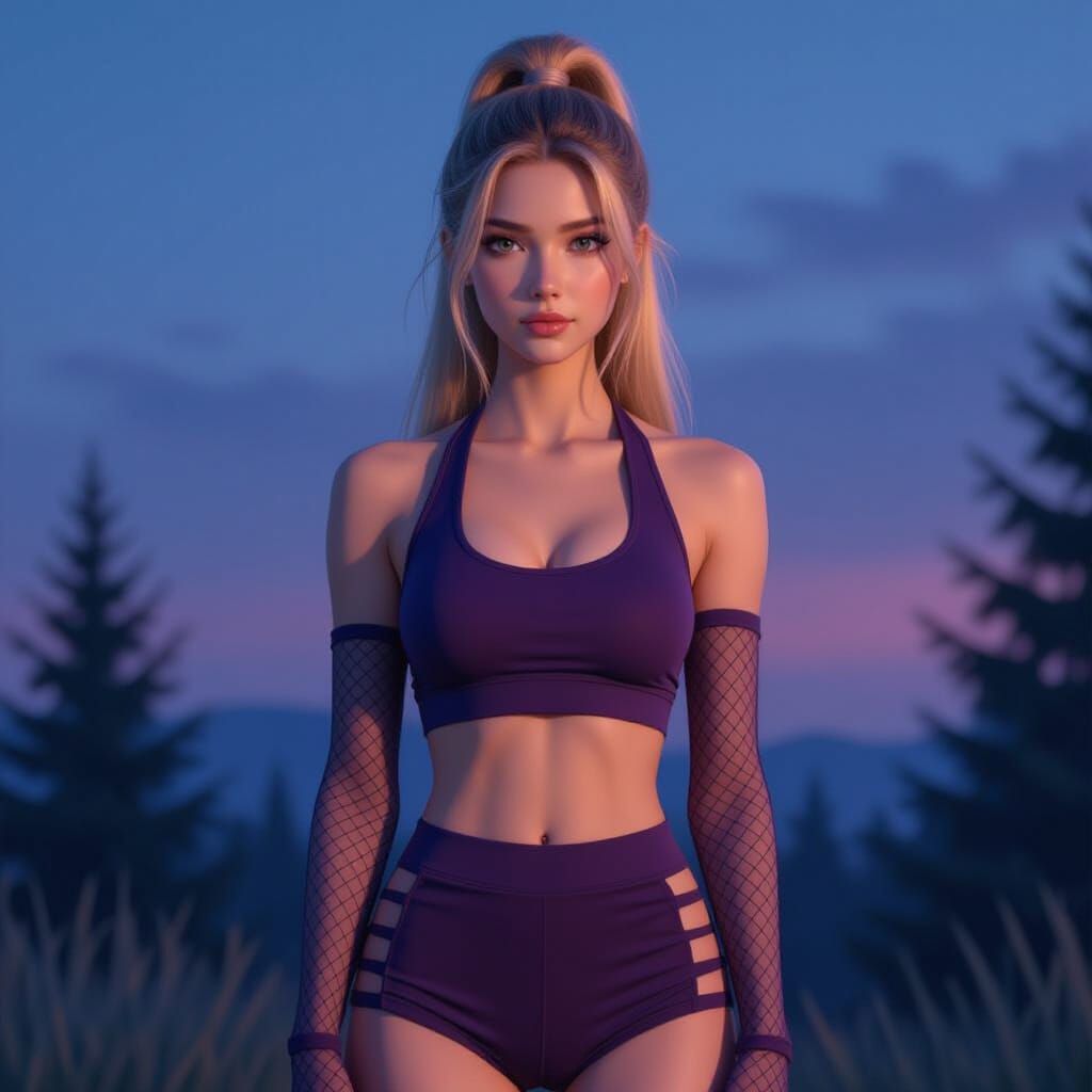 Realistic Portrait of a Blonde Woman in Dark Purple Outfit