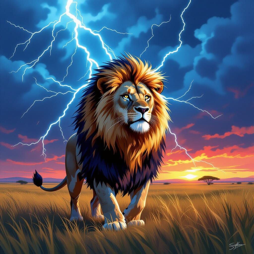 Electrifying Lion: Lightning Mane in Stormy Savannah