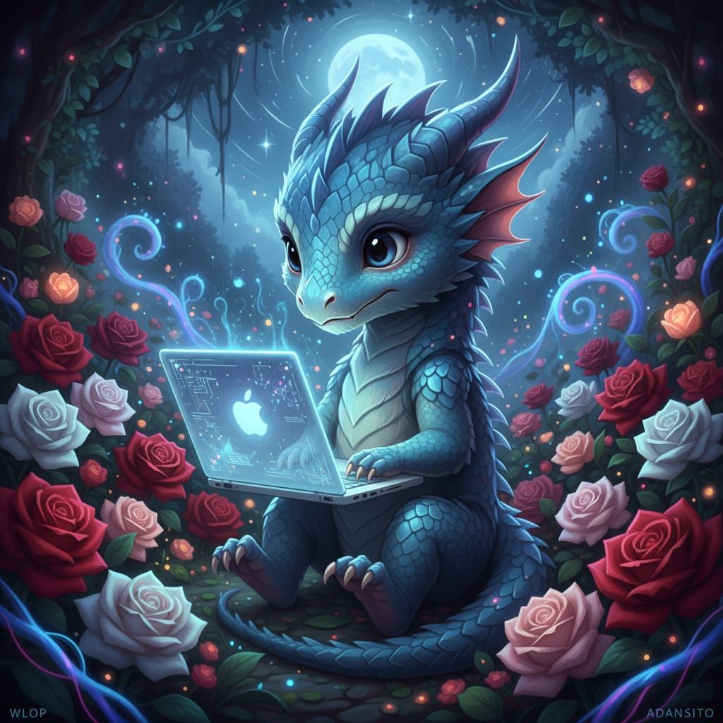 Luminescent Blue Dragon with Laptop, WLOP Art