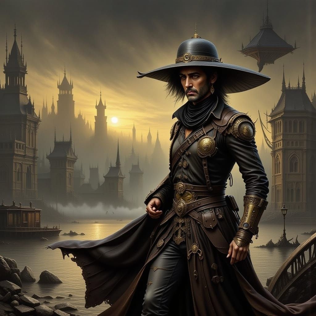 Old West Town Scene with Flying Figures