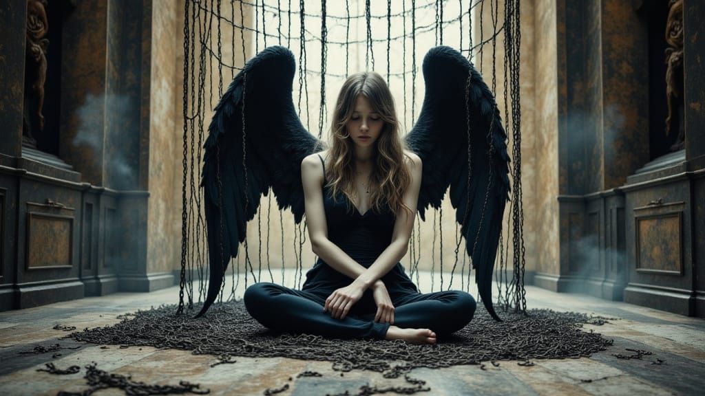 Sad Angel Chained in Ornate Birdcage, Dark Fantasy Art