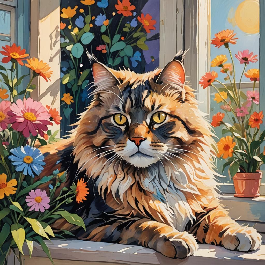 Colorful Furry Cat Gouache Painting on Windowsill