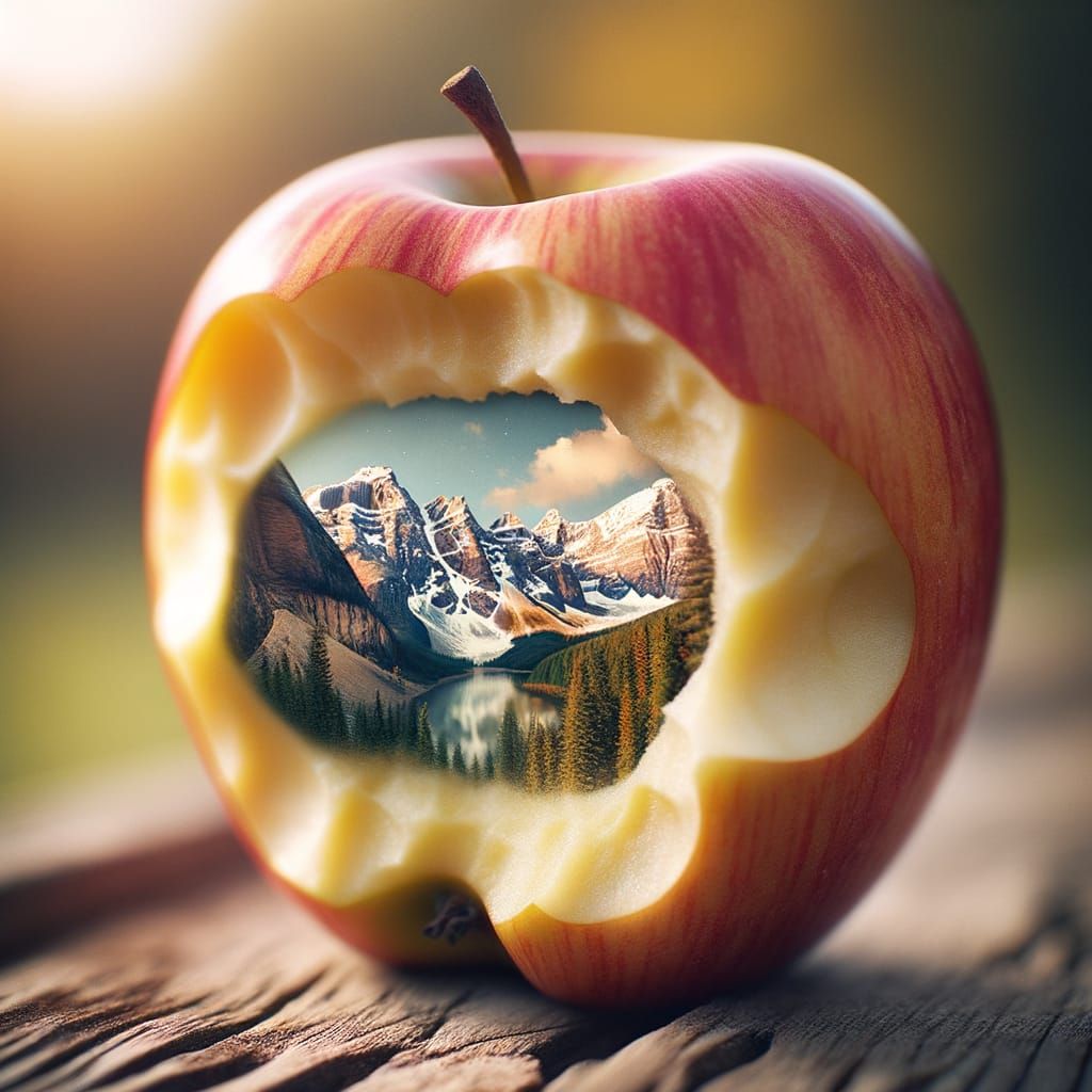 Surreal Close-Up of Apple Exposing Majestic Mountain Landsca...