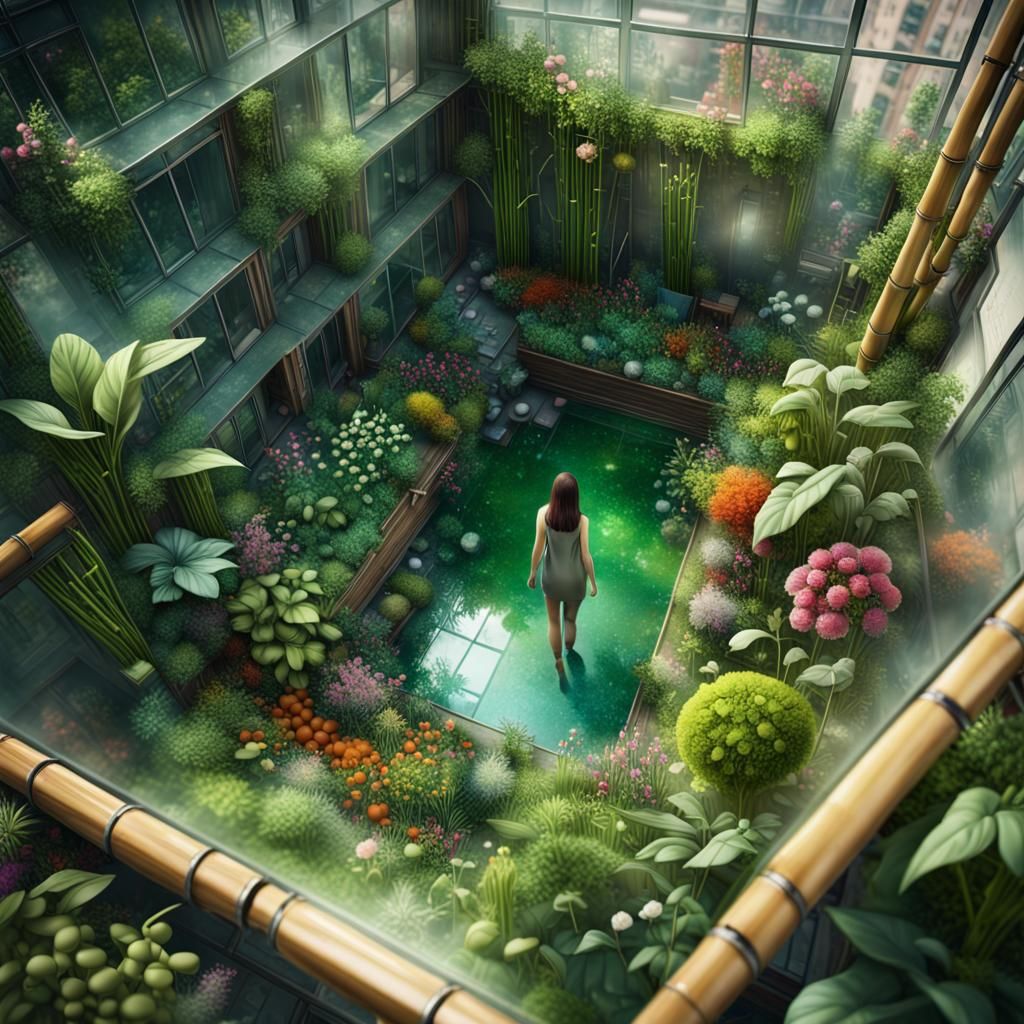 Vibrant Urban Garden Through Broken Glass